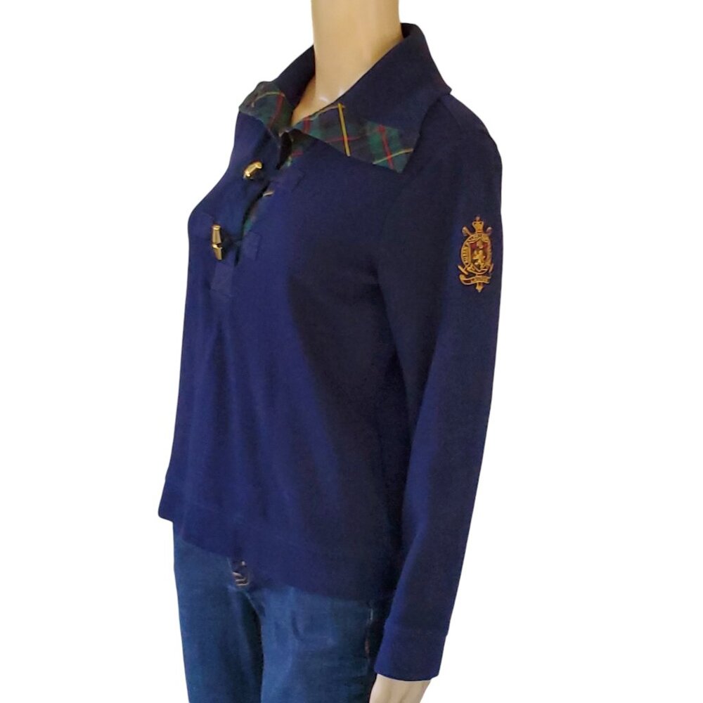 Ralph Lauren Sweater Womens M Knit Pullover Navy Blue Plaid Accent Toggle Button